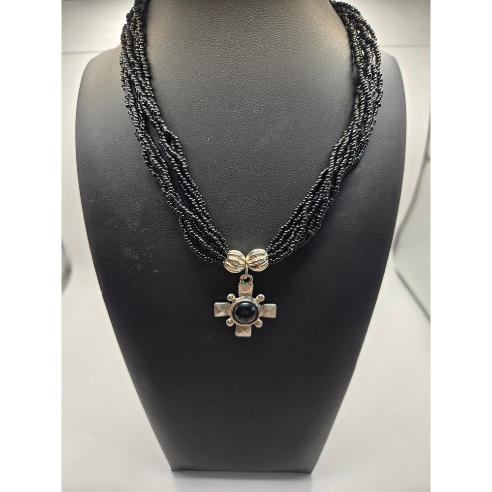 Multi Strand Black Seed Bead Necklace Silver Tone Cross Pendant Black Cabochon